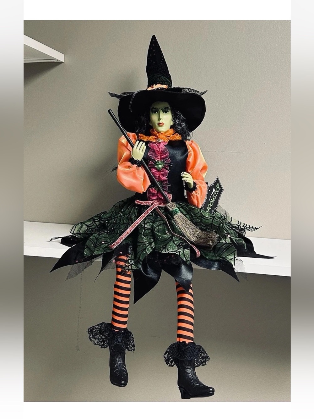 Witch Shelf Sitter Doll Figurine Black/Orange 26-inch Broomstick Blvd NWT